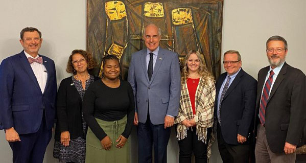 IUP President Michael Driscoll, IUP Vice President for University Advancement Khatmeh Osseiran-Hanna, IUP student Jaydn Hunter, US Senator Bob Casey Jr., IUP student Kylee Rodkey, IRMC President and CEO Steve Wolfe, IRMC Chief Human Resources Officer Jim Kinneer.