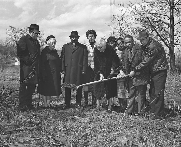 Groundbreaking for the Chevy Chase Community Center, along Fifth Avenue in Indiana, April 1971. From left: Daniel McDivitt, Frances Helman, Idus Jones, Dorothy Merritt, Norah Zink, Velma Matthews, Agnes Johnson, Lyman Connor, and Homer Isenberg. (Photo by Tom Peel, Indiana Gazette)
