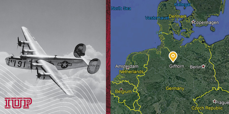 A Maxwell B-24 bomber in flight on a sunny day, next to a map of Germany, showing the town of Gifhorn in relation to Berlin and surrounding countries. The Anthropology Department is conducting a field study near Gifhorn, where a plane similar to the B-24 crashed during WWII.