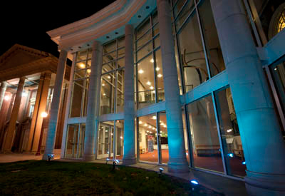 Blue spotlights around the Performing Arts Center focus attention on Autism Awareness Month