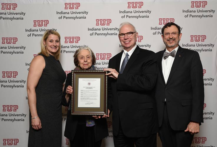 From left: IUP Council of Trustees member Laurie Kuzneski; IUP  faculty emerita of English Rosaly Roffman; Blane Dessy; IUP President Dr. Michael Driscoll.