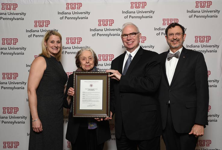 From left: IUP Council of Trustees member Laurie Kuzneski; IUP faculty emerita of English Rosaly Roffman; Blane Dessy; IUP President Michael Driscoll. From left: IUP Council of Trustees member Laurie Kuzneski; IUP faculty emerita of English Rosaly Roffman; Blane Dessy; IUP President Dr. Michael Driscoll.