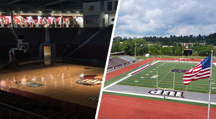 Miller Stadium and Ed Fry Arena in the Kovalchick Convention and Athletic Complex have been without IUP sports competition since last school year. (Miller Stadium: Emily Smith) (Fry Arena: Andrew Thompson)