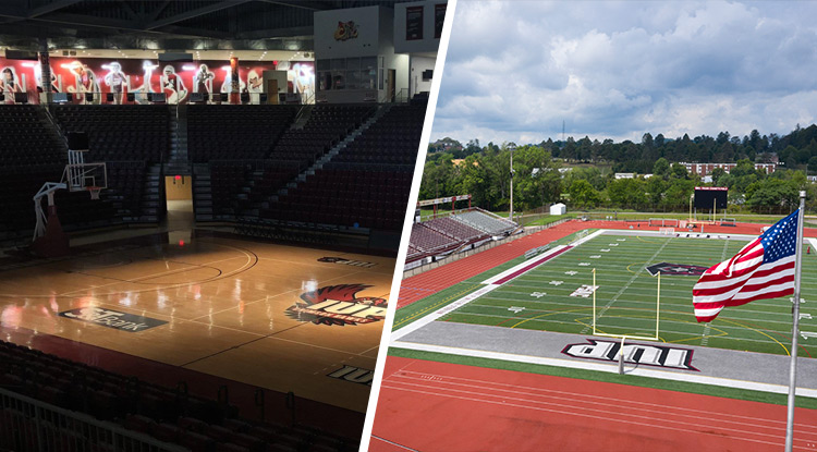 Miller Stadium and Ed Fry Arena in the Kovalchick Convention and Athletic Complex have been without IUP sports competition since last school year. (Miller Stadium: Emily Smith) (Fry Arena: Andrew Thompson)