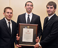 The three IUP students who were honored for the rescue of a fire victim in October are, from left, Simeon Logan, Travis Burket and Matthew Reynolds. (Indiana Gazette photo)