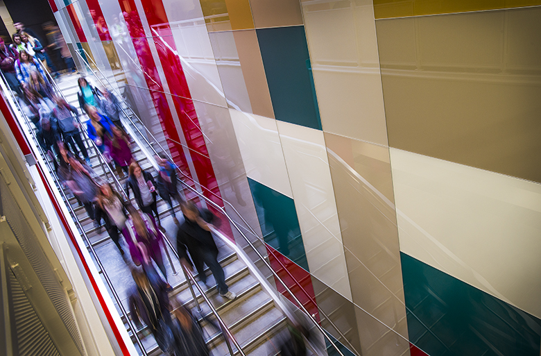 Busy stairway in Humanities and Social Sciences Building