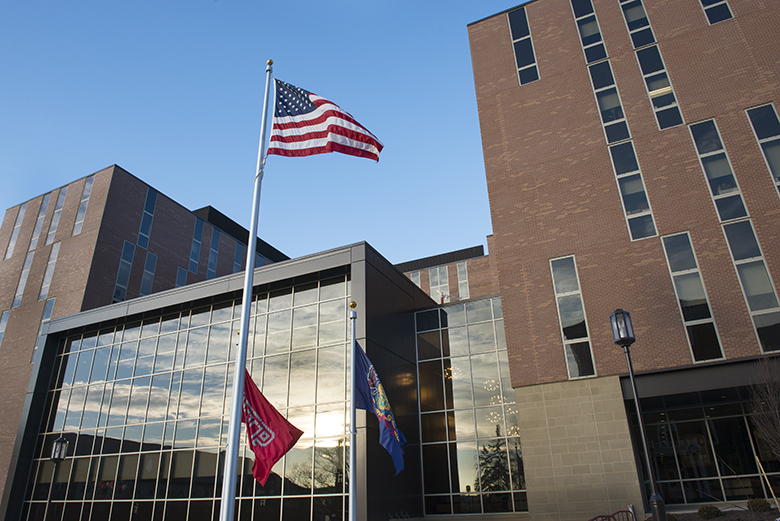 Exterior view of Humanities and Social Sciences Building from South Drive