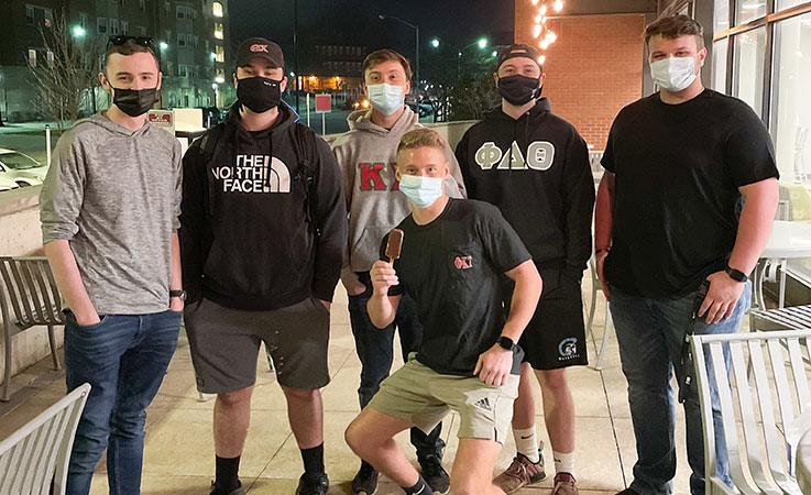 Interfraternity Council officers, from left: Patrick Milner, president, and vice presidents Shane Klein, Cole Murphy, Ryan Mastovich, Jacob Solomon, and, in front, Ryan Hornickel. Vice president Tyler Kachmarchi is missing from the photo.