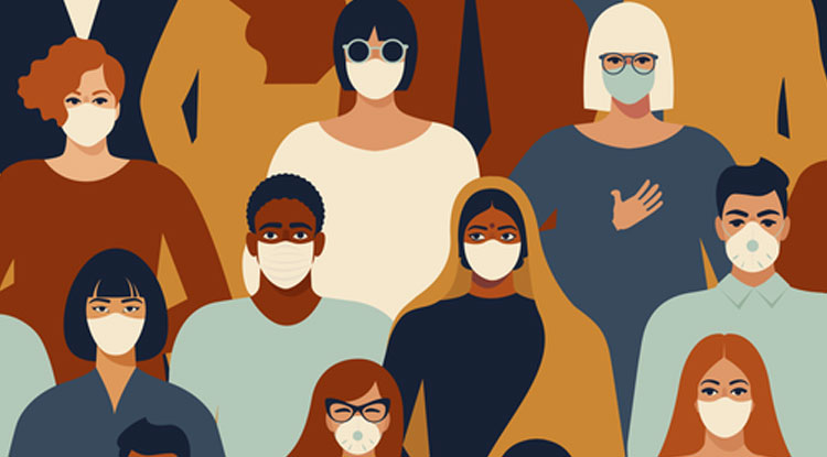 Illustrated graphic of a diverse group of people wearing facemasks. Illustrated graphic of a diverse group of people wearing facemasks.