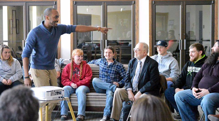 Brown led an ice-breaker activity at Alderson Broaddus University in Philippi, West Virginia.