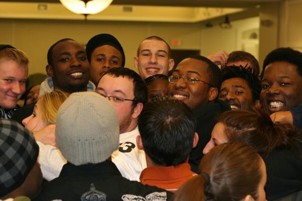 Students at Slippery Rock University met in 2008 for the then-new Building Bridges diversity awareness program that Justin Brown started. 