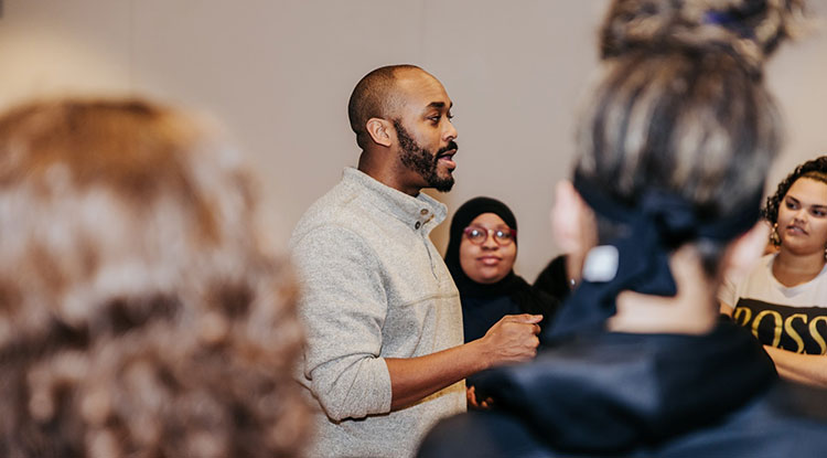 Justin Brown spoke with students at Harcum College in Bryn Mawr.