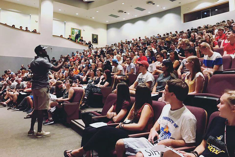 Brown spoke to an auditorium full of students at Ursinus College in Montgomery County. Brown spoke to an auditorium full of students at Ursinus College in Montgomery County.