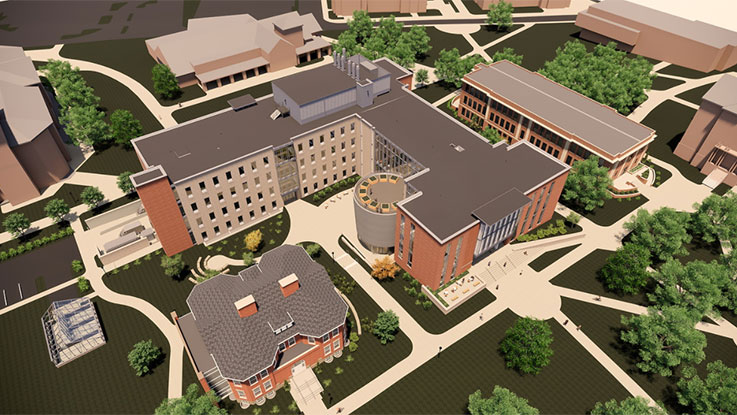 An architect's rendering shows an aerial view of Kopchick Hall facing the Oak Grove, with Wilson Hall at left and McElhaney at right. An architect's rendering shows an aerial view of Kopchick Hall facing the Oak Grove, with Wilson Hall at left and McElhaney at right.