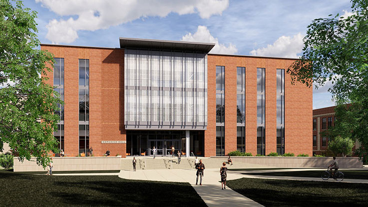 An architect's rendering of the front of Kopchick Hall, facing the Oak Grove