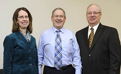 From left: Diane Hummon, senior vice president, marketing, MakeMusic, Inc.; Dr. John Kuehn; and Dr. Jack Stamp, chair, IUP Department of Music. (Keith Boyer photo)