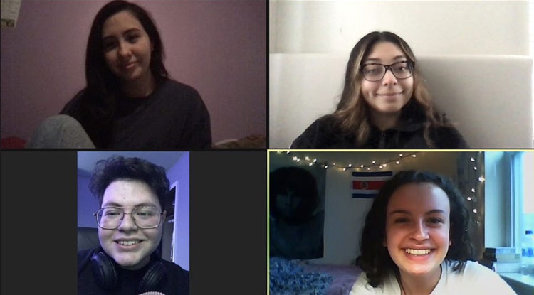 The Latino Student Organization executive board via Zoom, clockwise from top left: Nancy Avalos (secretary), Jhoana Aguilera Lemus (president), Tatiana Cleffi (vice president), and Jorge Luna (treasurer).