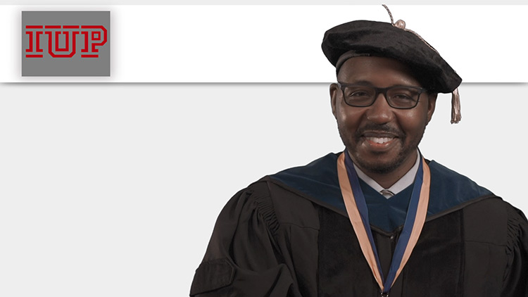 Graduate student speaker Marvin Hobson delivers his prerecorded address from his home in Florida for the IUP virtual graduate Commencement ceremonies. Graduate student speaker Marvin Hobson delivers his prerecorded address from his home in Florida for the IUP virtual graduate Commencement ceremonies.