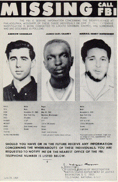 In 1964, Edith Cord and other Indianans held a memorial march in downtown Indiana for three civil rights workers murdered in Mississippi. The FBI missing persons poster shows, from left, Andrew Goodman, James Chaney, and Michael Schwerner.