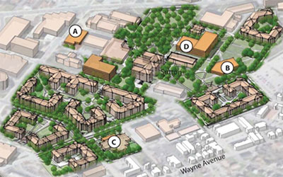 Components of the master plan highlighted are (A) the new food court and the new humanities building to the lower right, (B) North Dining Commons, (C) Folger Hall renovation, and (D) new science building.