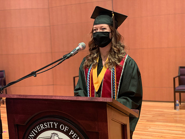 Undergraduate student speaker Paige McLaughlin delivers her prerecorded remarks for the IUP virtual undergraduate Commencement ceremonies.  