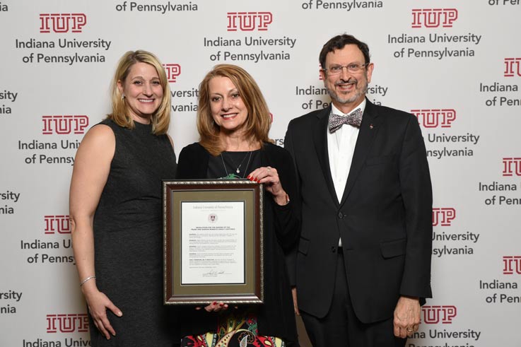From left: IUP Council of Trustees member Laurie Kuzneski; IUP Council of Trustees member Joyce Fairman; and IUP President Michael Driscoll.