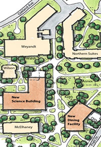 This map from JJR shows the new science building in the footprint of Leonard and Walsh halls and the new North Dining Commons in the footprint of Keith.