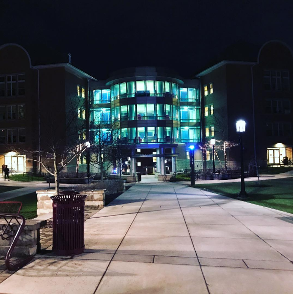 Stephenson Hall is lit up blue for Austism Awareness Week