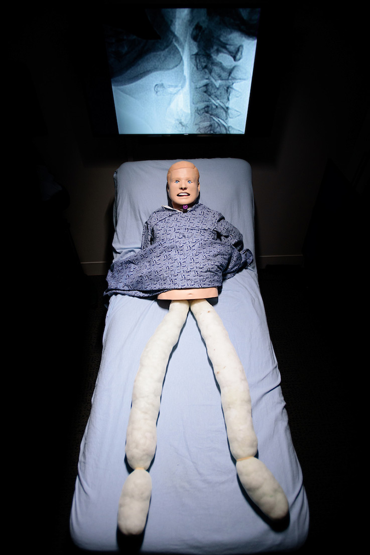 Kevin, a half-torso, static manikin, is used by students for practicing procedures. Faculty members Lori Lombard and Erin Clark stuffed pantyhose with cotton balls to simulate legs.