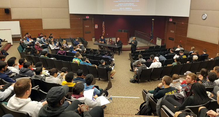 Bharadwaj introduced his guests during a supply chain management speaker series in Eberly Auditorium.