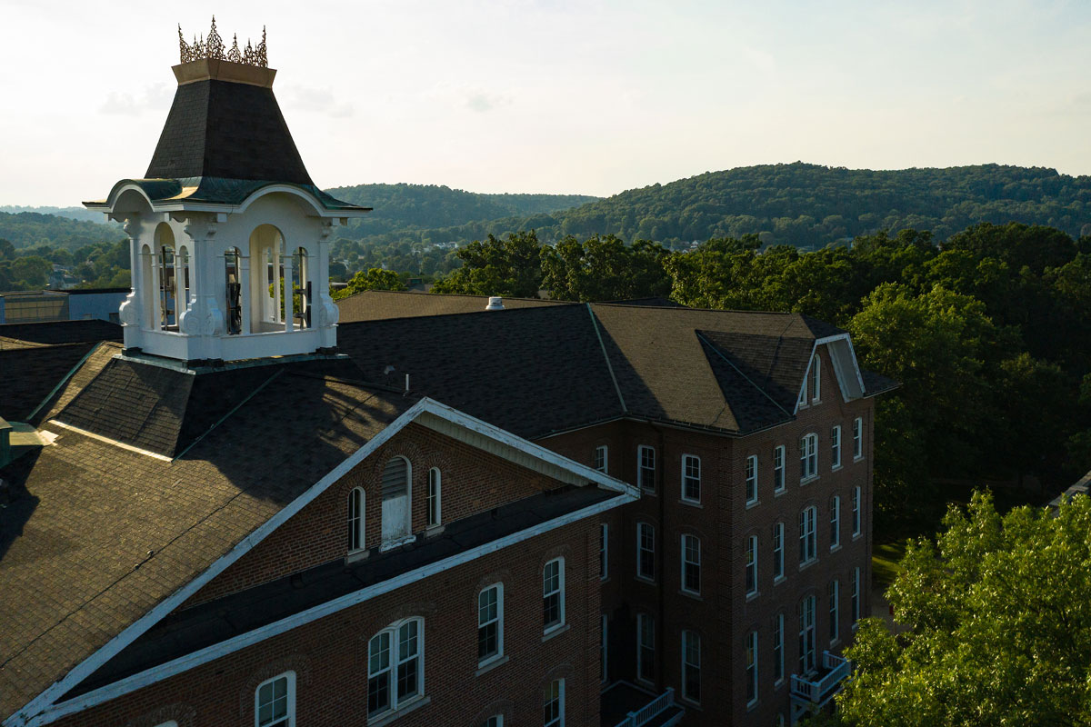 A view of Sutton hall's belltower on a sunny afternoon