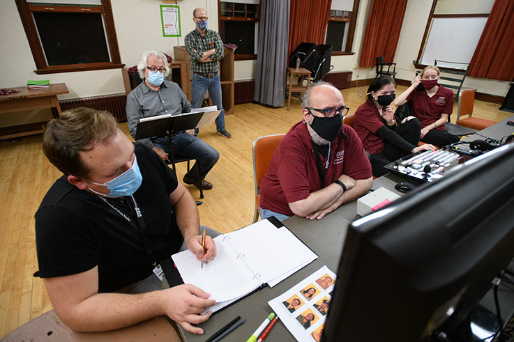 Sam Benson, assistant director of productions; Richard Kemp, director; Brian Jones, technical director; Jeff Fratangeli, director of the Center for Media Production and Research; IUP senior Erica Samios, and IUP graduate student Allison Goodlin during a run-through of the performance.