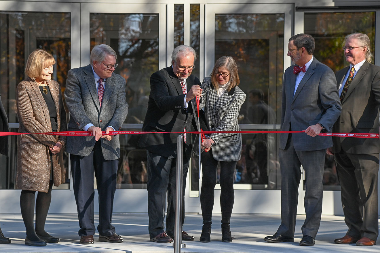 Kopchick Hall officially opened with a ribbon-cutting ceremony on November 2. From left: Debra Phillips Cejka, Tim Cejka, John Kopchick, and Char Labay Kopchick.