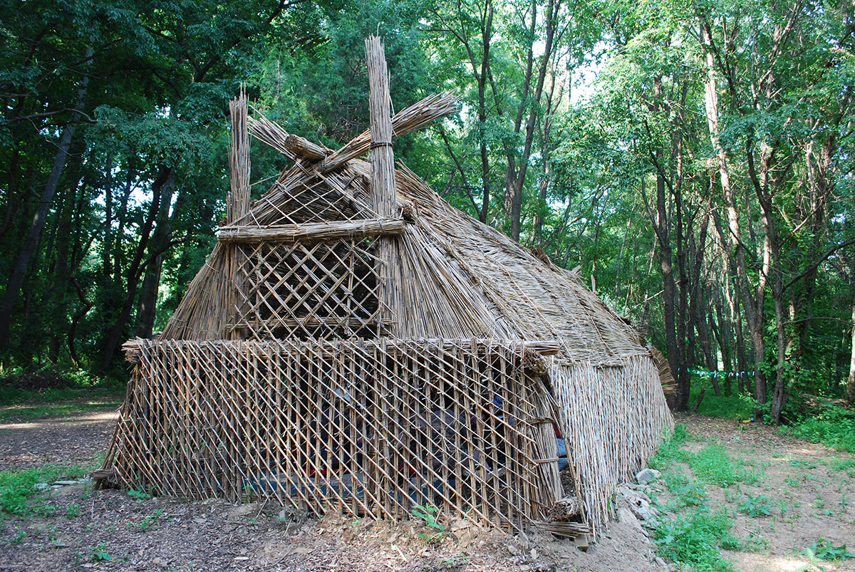 The exterior of a completed structure made of reed grasses, shown from the rear, in a wooded area