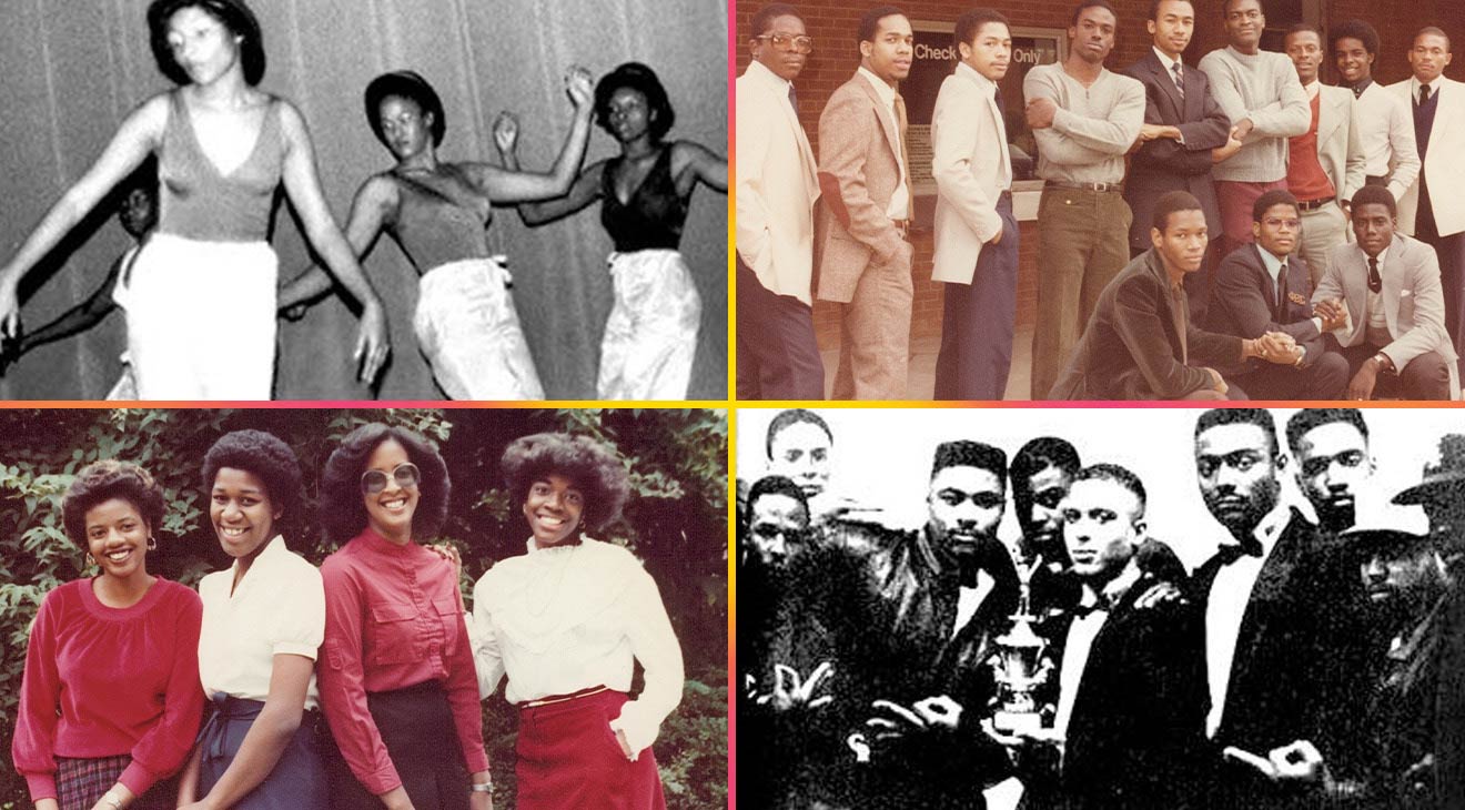 This image is a collage of four photos. The top, left, black-and-white photo shows three female students in a dance performance. The top, right, color photo shows 12 young men in dress clothes, posing in two rows in front of a building. The bottom, left, color photo shows four young women in dress clothes, posing in a row in front of shrubbery. The bottom, right, black-and-white photo shows a group of male students, most wearing tuxedos, casually grouped together and holding a trophy.