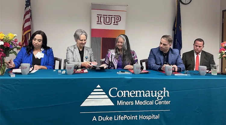 From left, Chief Operating Officer for Conemaugh Miners Medical Center and Conemaugh Meyersdale Medical Center Jessica Svidergol-Peterman; Conemaugh Memorial Medical Center Chief Medical Officer Dr. Elizabeth Dunmore; IUP proposed college of osteopathic medicine Founding Dean Dr. Miko Rose, IUP proposed college of osteopathic medicine Founding Associate Dean of Clinical Affairs and Graduate Medical Education Dr. Ryan Smith, and Cambria County Commissioner Tom Chernisky.