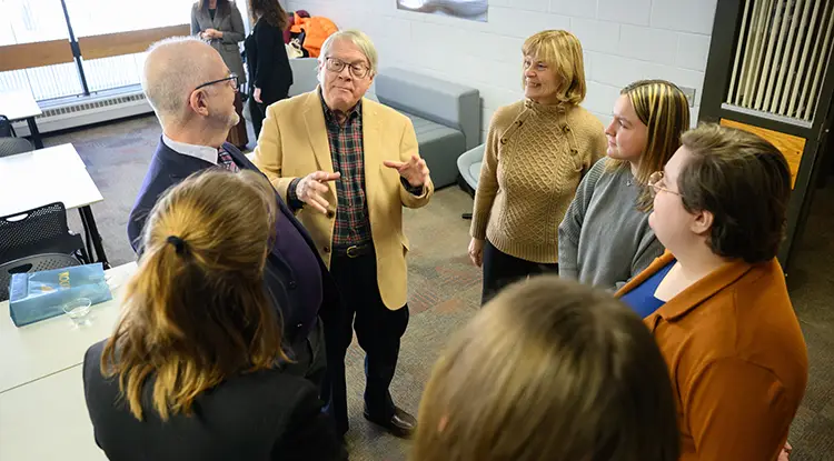 From left, Dean of the College of Arts, Humanities, Media and Public Affairs Dr. Curt Scheib; Tim Cejka; Deb Cejka; Fusion Fellows Riley Whiskeyman; Fusion Fellows Jocelyn McCray.