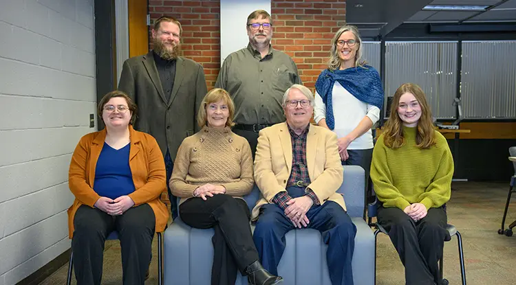 Seated, from left, Jocelyn McCray, an applied anthropology major and history minor from Franklin; Deb and Tim Cejka; Madilyn House, an applied archaeology master’s student from Orbisonia. Standing, from left, faculty mentors Distinguished University Professor Dr. Ben Ford and Dr. Bill Chadwick, both from the Department of Department of Anthropology, Geospatial and Earth Sciences; and Dr.  Erin Conlin, Department of History, Philosophy, Political Science and Religious Studies.  