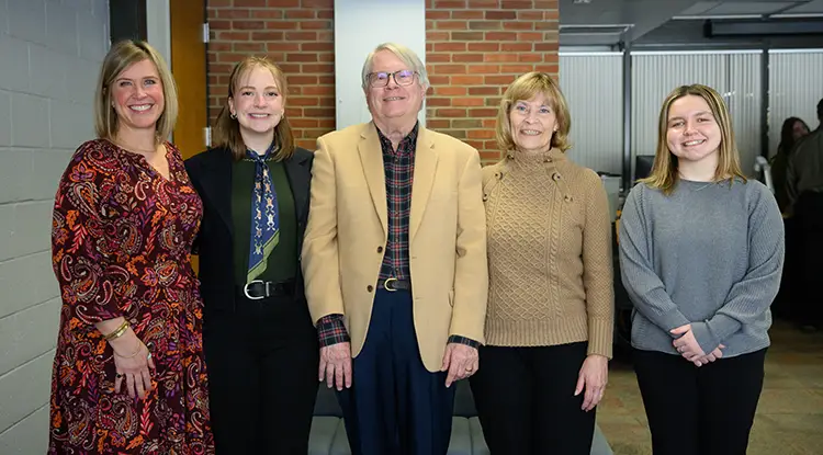 From left, faculty mentor Stephanie Keppich, communications media; Serena Aumick, a biology pre-veterinary concentration major in the Cook Honors College from Tunkhannock; Tim and Deb Cejka; Riley Whiskeyman, a communications media major from Shillington.