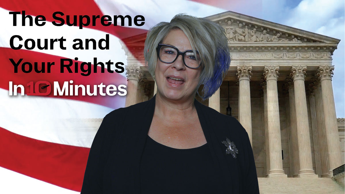 Gwen Torges faces the camera in front of a photo of the supreme court building and an american flag.  The words State's Rights in Ten Minutes are on the top left.
