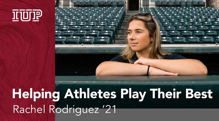 a person leaning on the front of a baseball field dugout with the words Helping Athletes Play Their Best Rachel Rodriguez '21 overtop