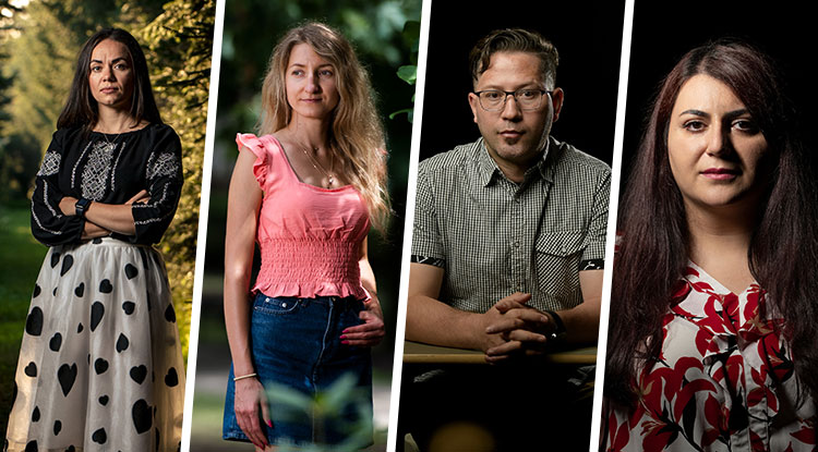 a four panel portrait collage of students including a dark-haired woman standing in the shade of trees with her arms crossed, a woman with long, blonde hair in a peach-colored shirt and a jean skirt, looking off to her right, a man with short, dark hair and glasses, wearing a black and white checkered shirt and tan pants, sitting on a chair with a built-in desk, and a woman with long, dark hair, wearing a white blouse with large, red flowers and looking into the camera