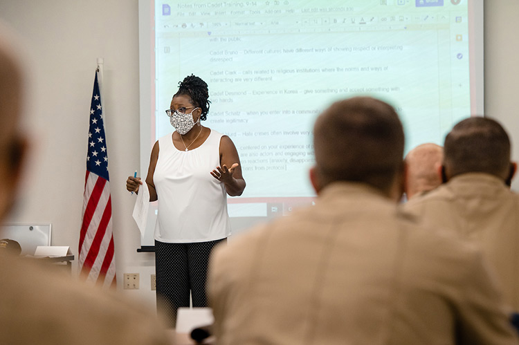 Veronica Watson addressing a class of police cadets