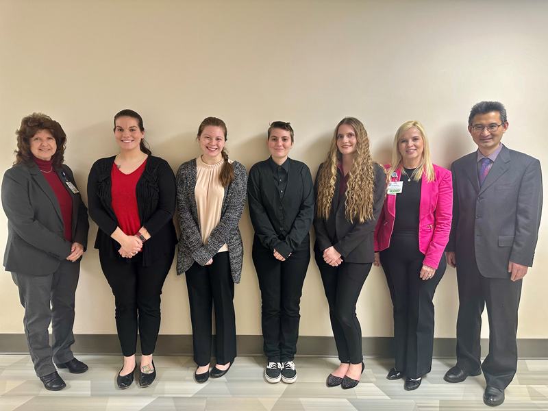 IRMC Medical Laboratory Science Program Director Christine Baum; students Anastasia Rabickow, Rebecca Hollobaugh, Sarah Stephenson, and Odessa Vallies; IRMC Administrative Laboratory Director Jackie Sansig; IUP Nursing and Allied Health faculty member and Coordinator of the IUP Medical Technology Program Lei Hao