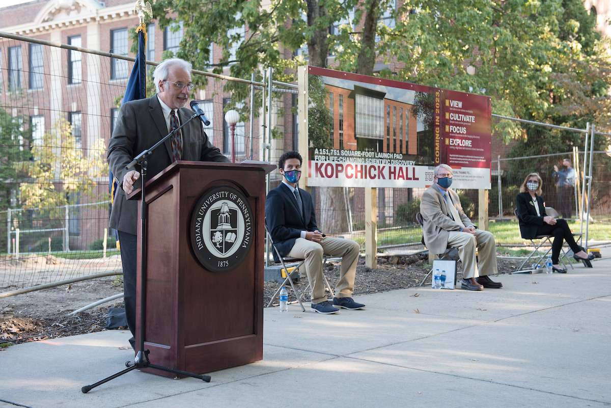A year ago, on September 23, 2020, IUP celebrated the start of construction with a groundbreaking ceremony. John Kopchick ’72, M’75, standing in front of the future entrance to Kopchick Hall, addressed the guests. The building, along with the college it will house, is named for Kopchick and his wife, Char Labay Kopchick ’73, who committed $23 million—the largest gift in school history—to IUP natural sciences and mathematics initiatives.