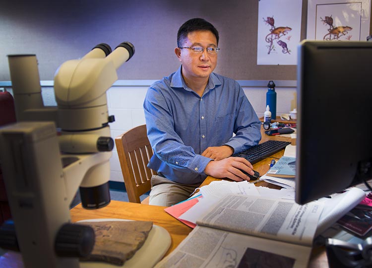 Dr. Shundong Bi sitting at his desk