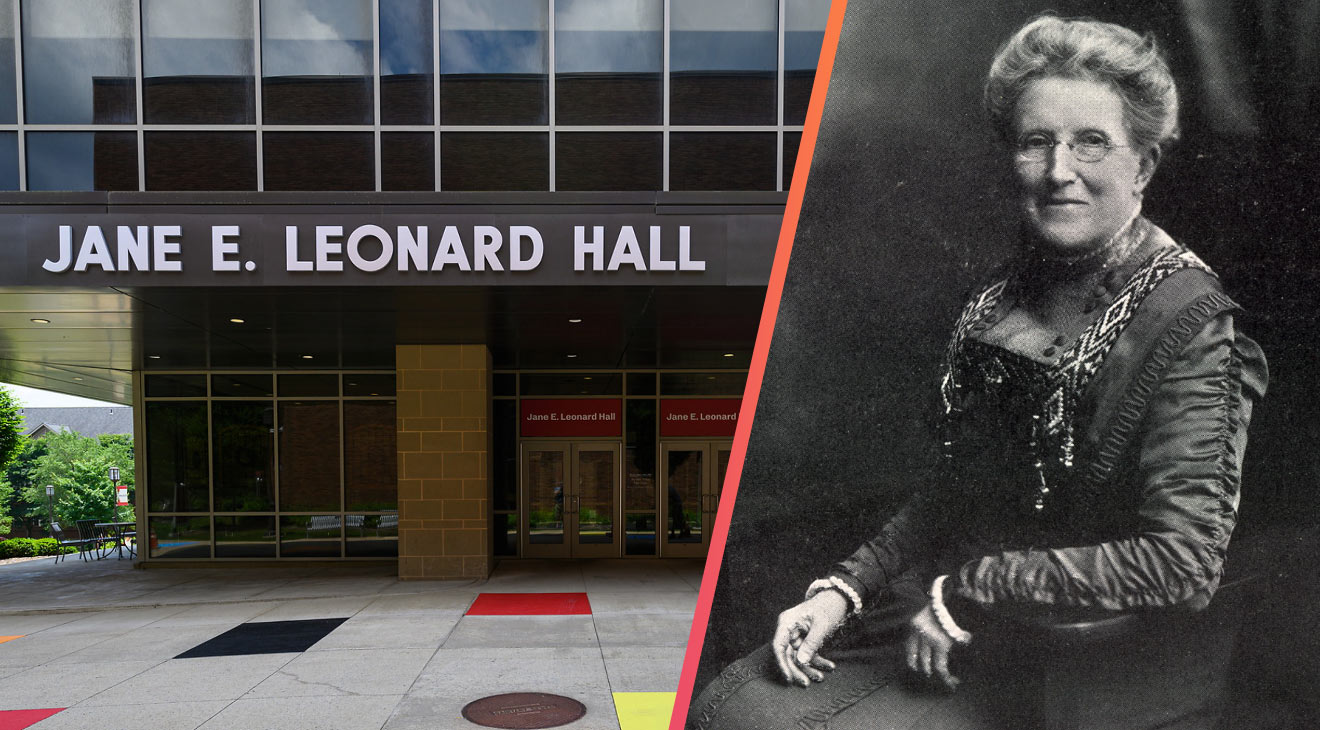 The front shot of the entrance to Jane Leonard Hall on the left with an archival photo of Jane Leonard on the right