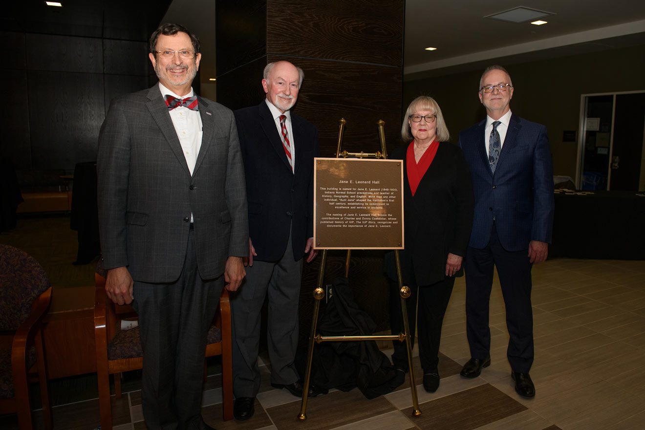 IUP President Dr. Michael Driscoll, Dr. Charles Cashdollar, Donna Cashdollar and Dean of the IUP College of Arts and Humanities Dr. Curt Scheib