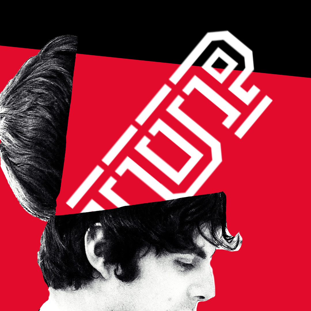 A black and white profile image of a student with his head opening on a hinge and the IUP logo sticking out.