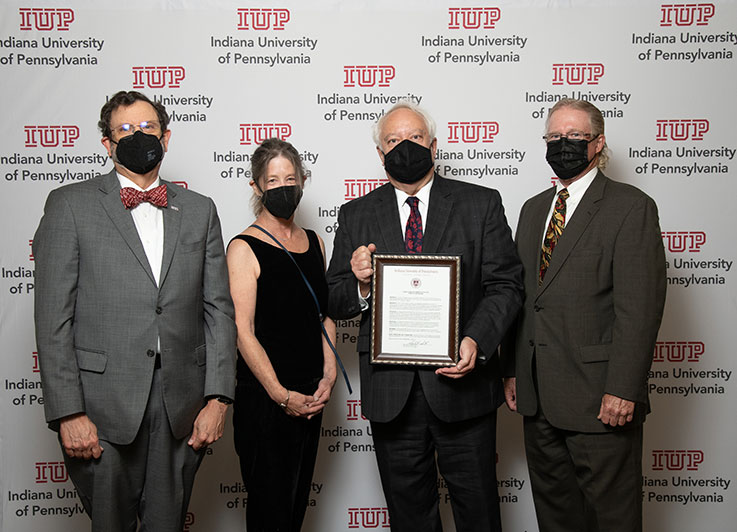 From left, Michael Driscoll; Mandy Moerland; Timothy Moerland; Sam Smith, chair of the IUP Council of Trustees